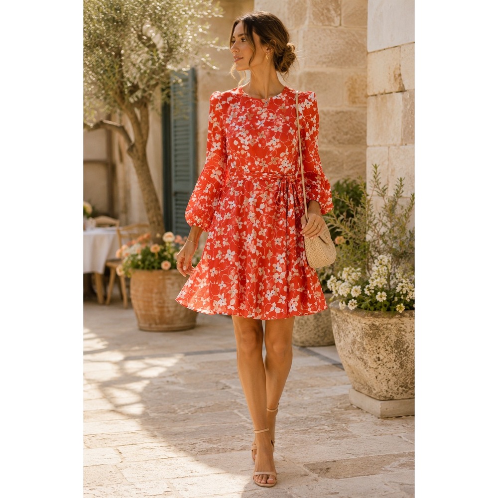 Eliza J Floral Tie Waist Long Sleeve Fit & Flare Dress Size 10
